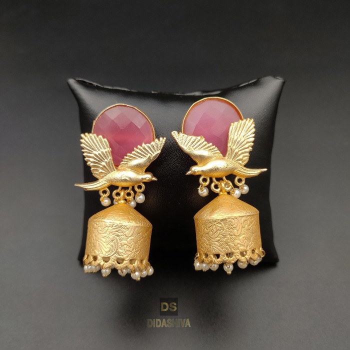Matte Gold Polish Semi Precious Natural Stone Jhumka Earrings