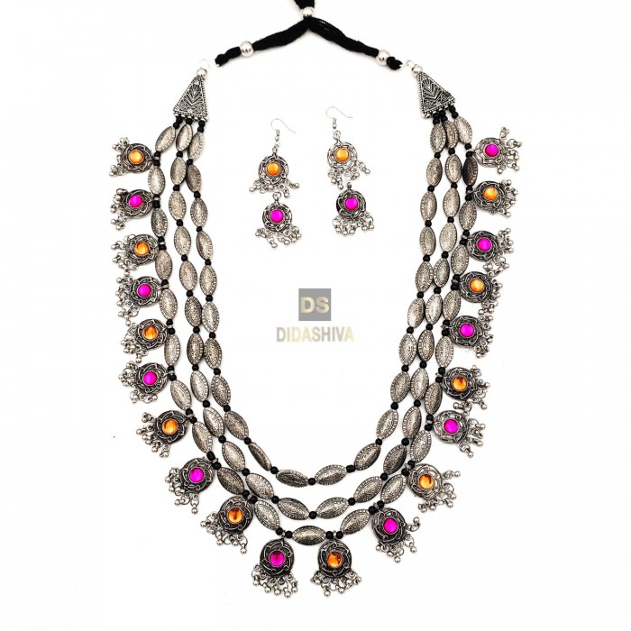 Oxidised Silver Plated Pink and Yellow stone Tribal Chain long Necklace with Earrings